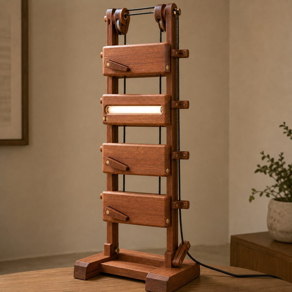 Sapele Sliding-Sleeve Lamp shown as an original square photorealistic modular wooden lamp with believable joinery, warm diffused light, and protected hardware