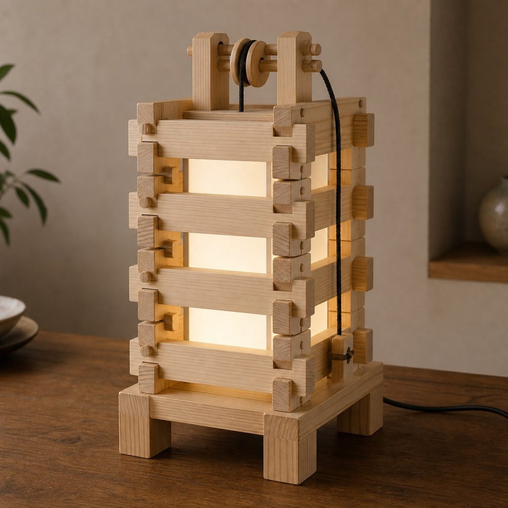 Pine Interlocking Lantern shown as an original square photorealistic modular wooden lamp with believable joinery, warm diffused light, and protected hardware
