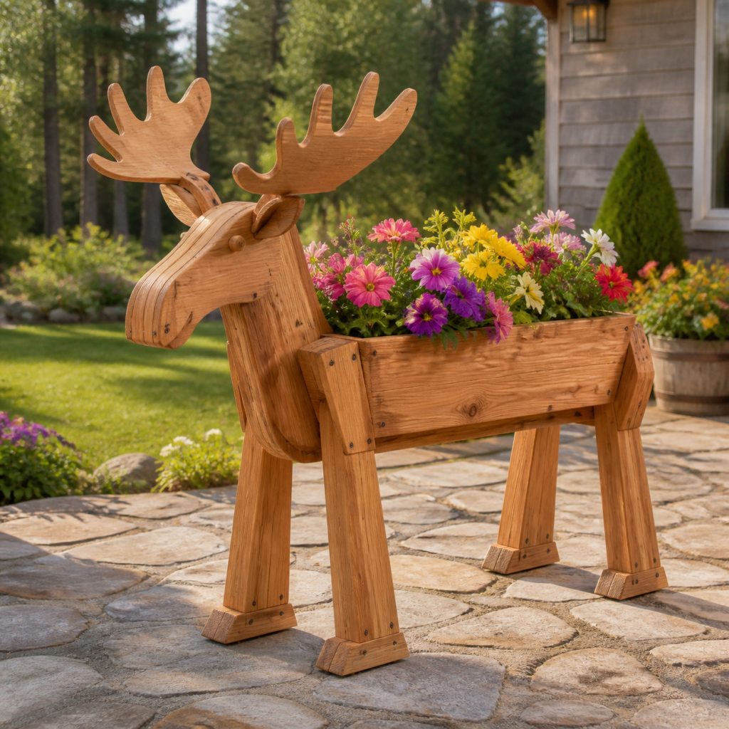 Classic Antlered Cedar Moose shown as a square photorealistic cedar garden planter filled with cottage flowers
