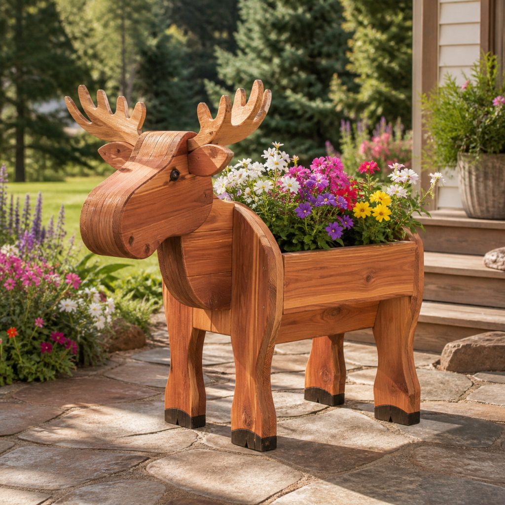 Compact Moose-Calf Planter shown as a square photorealistic cedar garden planter filled with cottage flowers