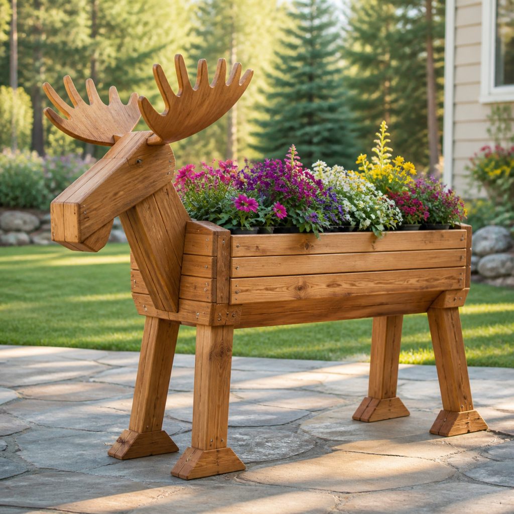 Long Rustic Moose Trough shown as a square photorealistic cedar garden planter filled with cottage flowers