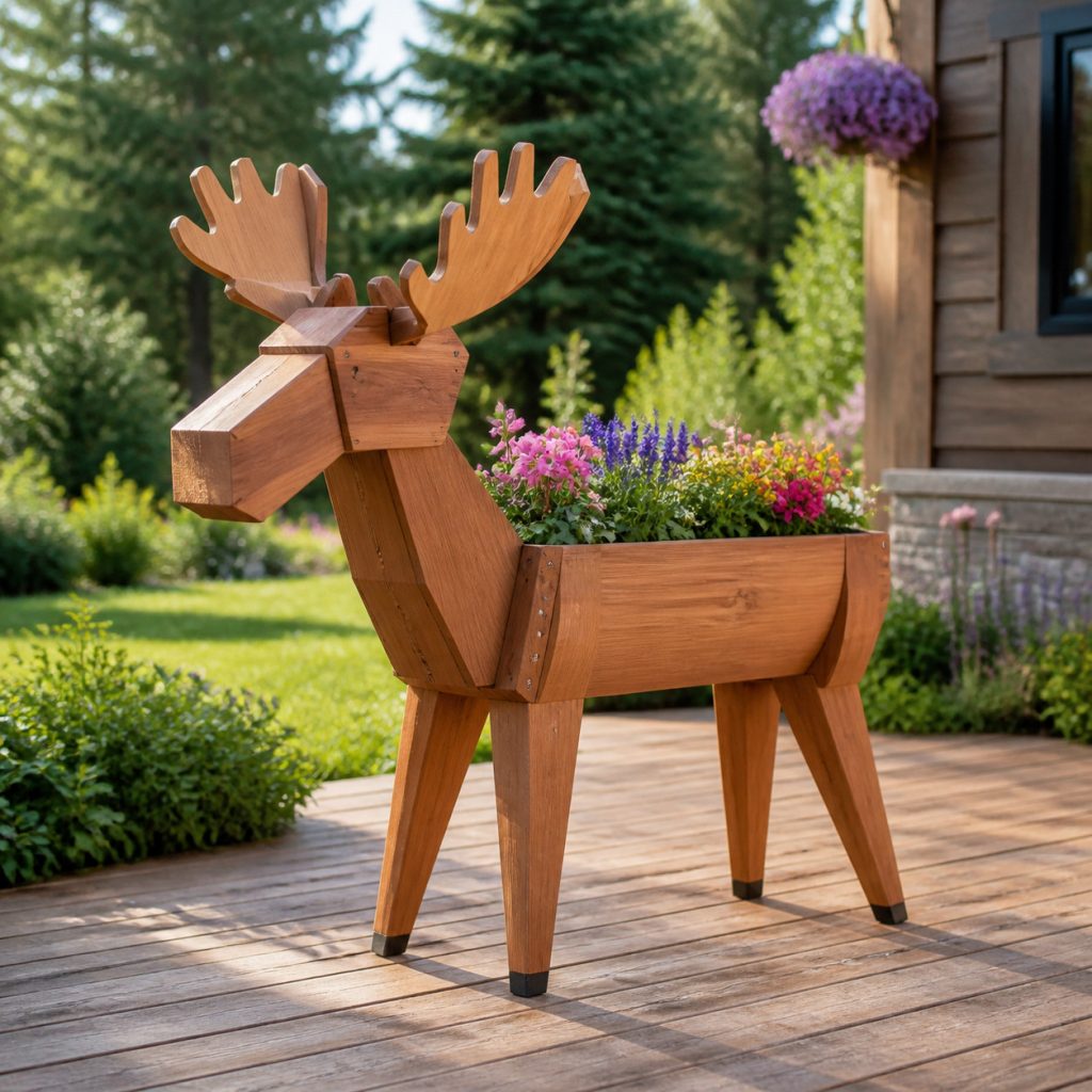Modern Geometric Moose shown as a square photorealistic cedar garden planter filled with cottage flowers