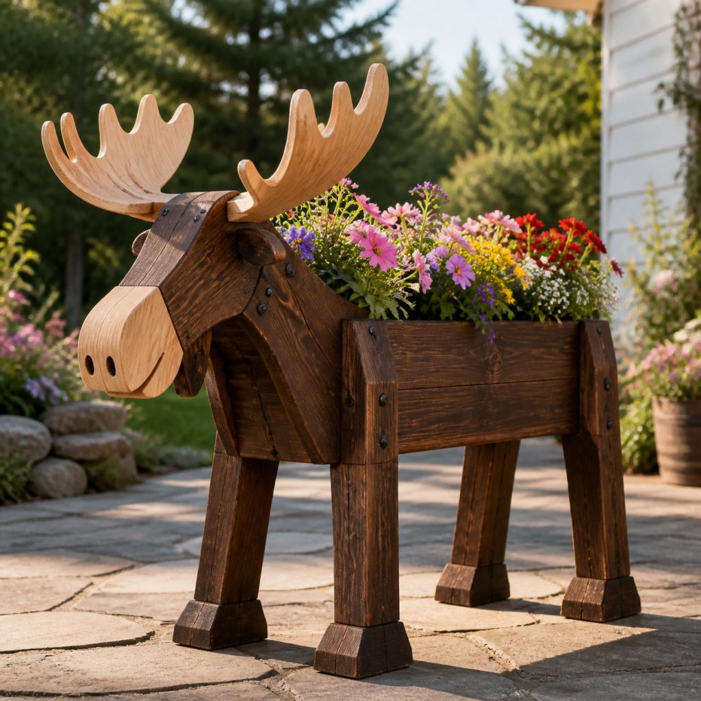 Dark-Stained Woodland Moose shown as a square photorealistic cedar garden planter filled with cottage flowers