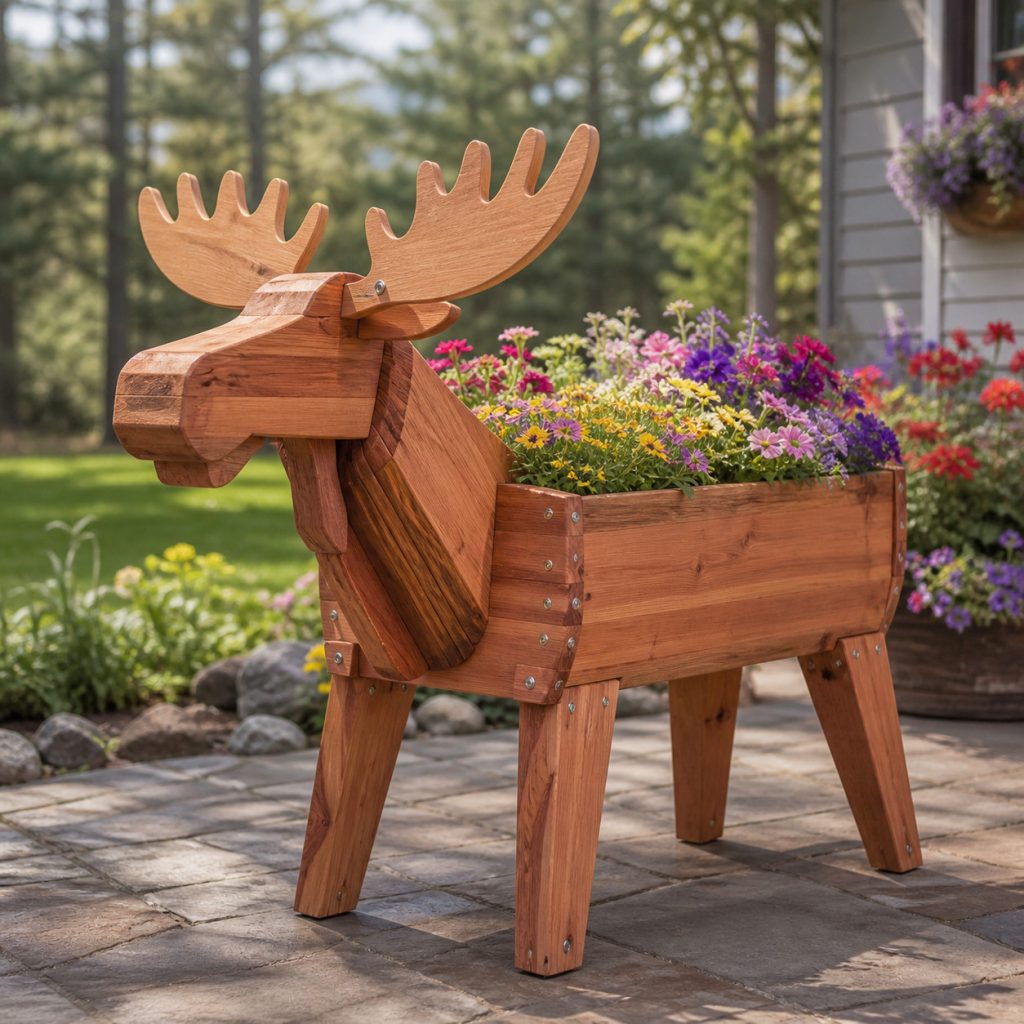 Moose with Removable Antler Panels shown as a square photorealistic cedar garden planter filled with cottage flowers