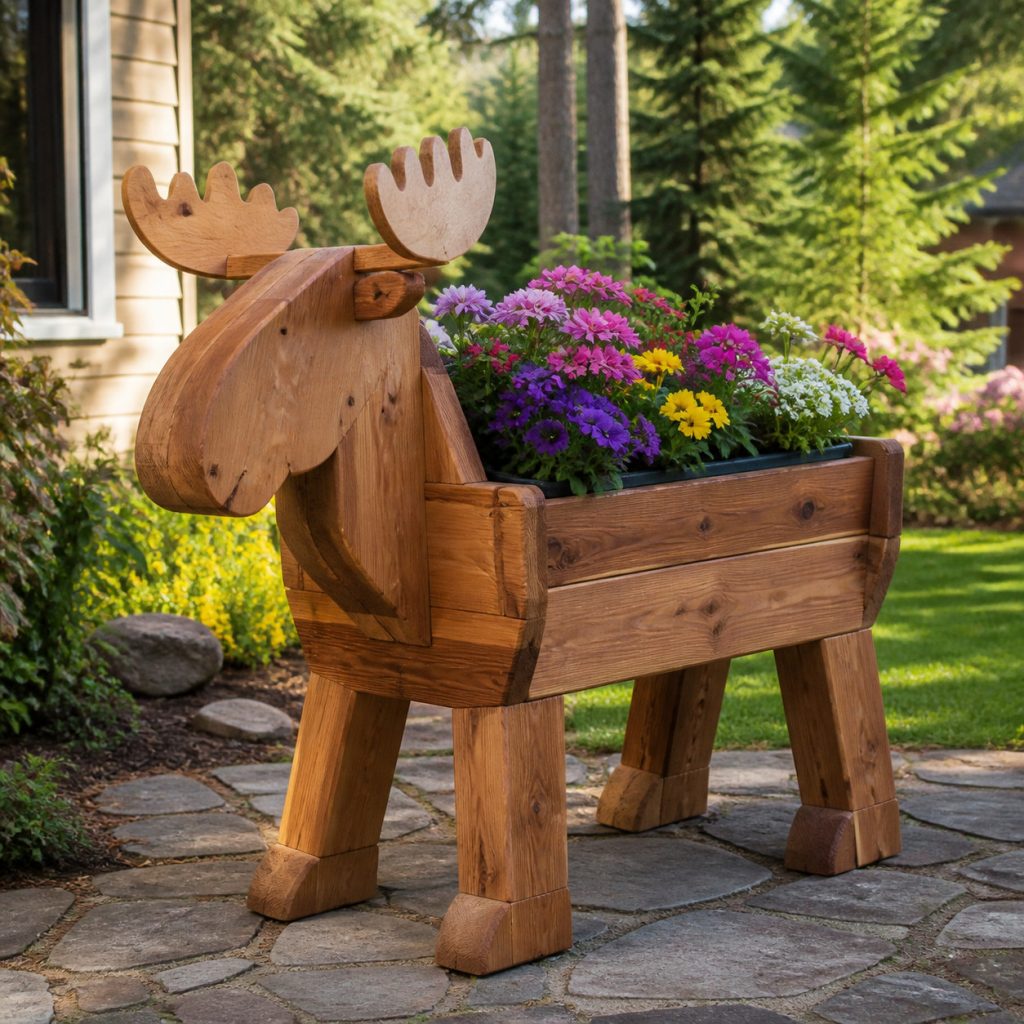 Chunky Timber Moose Planter shown as a square photorealistic cedar garden planter filled with cottage flowers