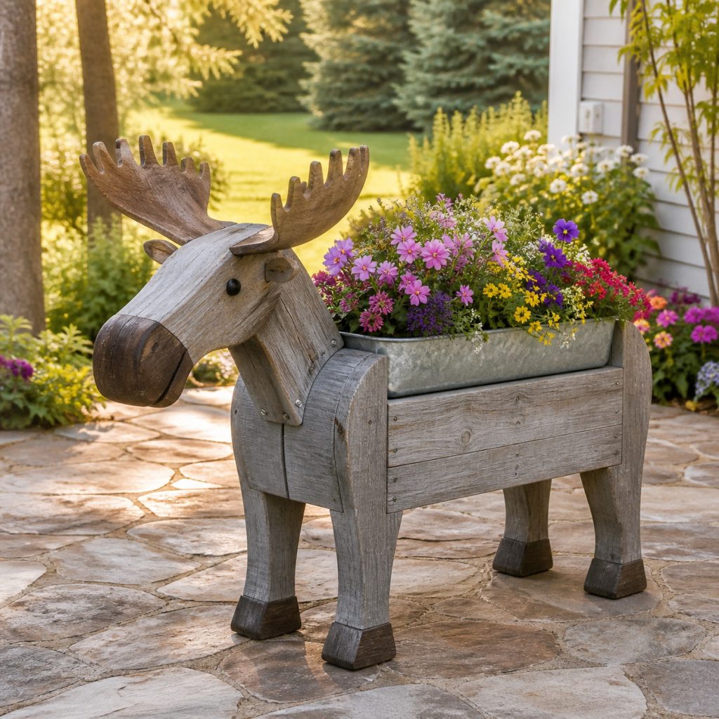 Weathered Northern-Cabin Moose shown as a square photorealistic cedar garden planter filled with cottage flowers