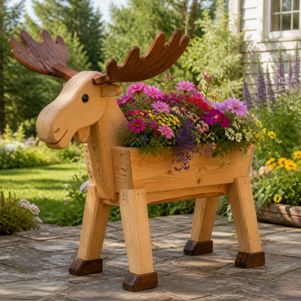 Two-Tone Cedar Moose shown as a square photorealistic cedar garden planter filled with cottage flowers