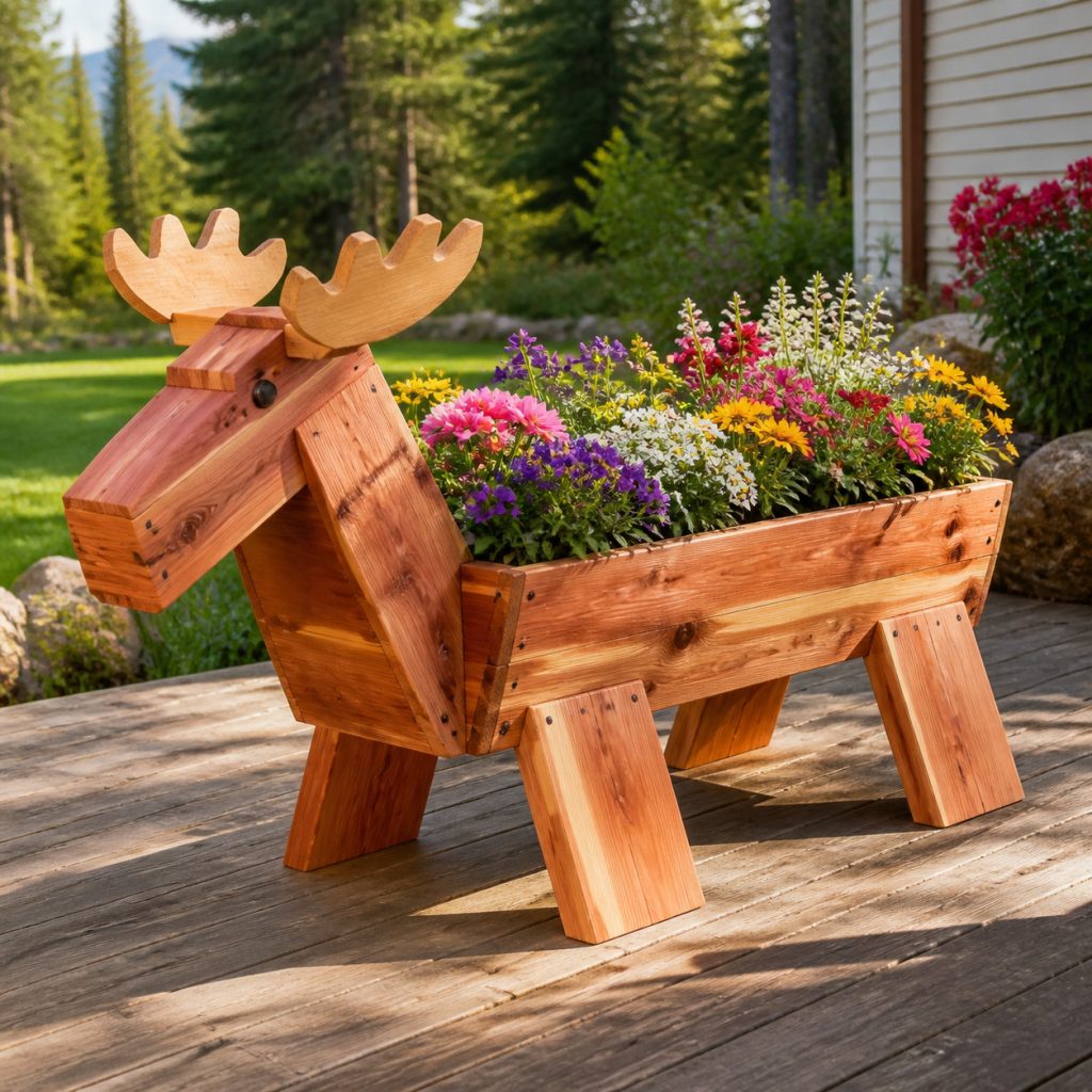 Low Broad-Stance Moose Planter shown as a square photorealistic cedar garden planter filled with cottage flowers