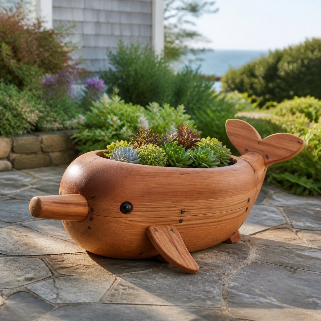 Compact Succulent Narwhal shown as a square photorealistic cedar narwhal-shaped garden planter filled with flowers
