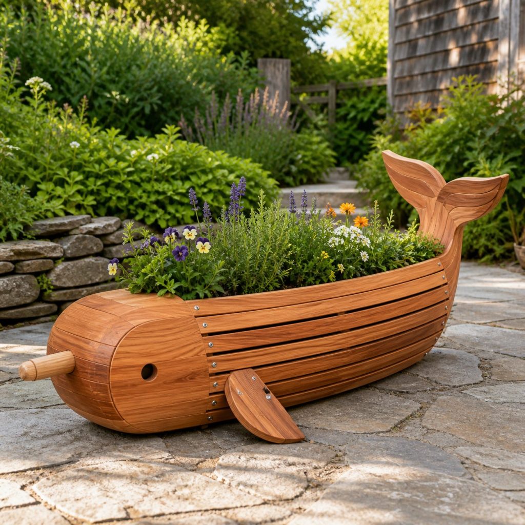 Slatted Herb-Trough Narwhal shown as a square photorealistic cedar narwhal-shaped garden planter filled with flowers