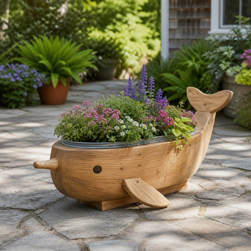 Narwhal with Galvanized Liner shown as a square photorealistic cedar narwhal-shaped garden planter filled with flowers