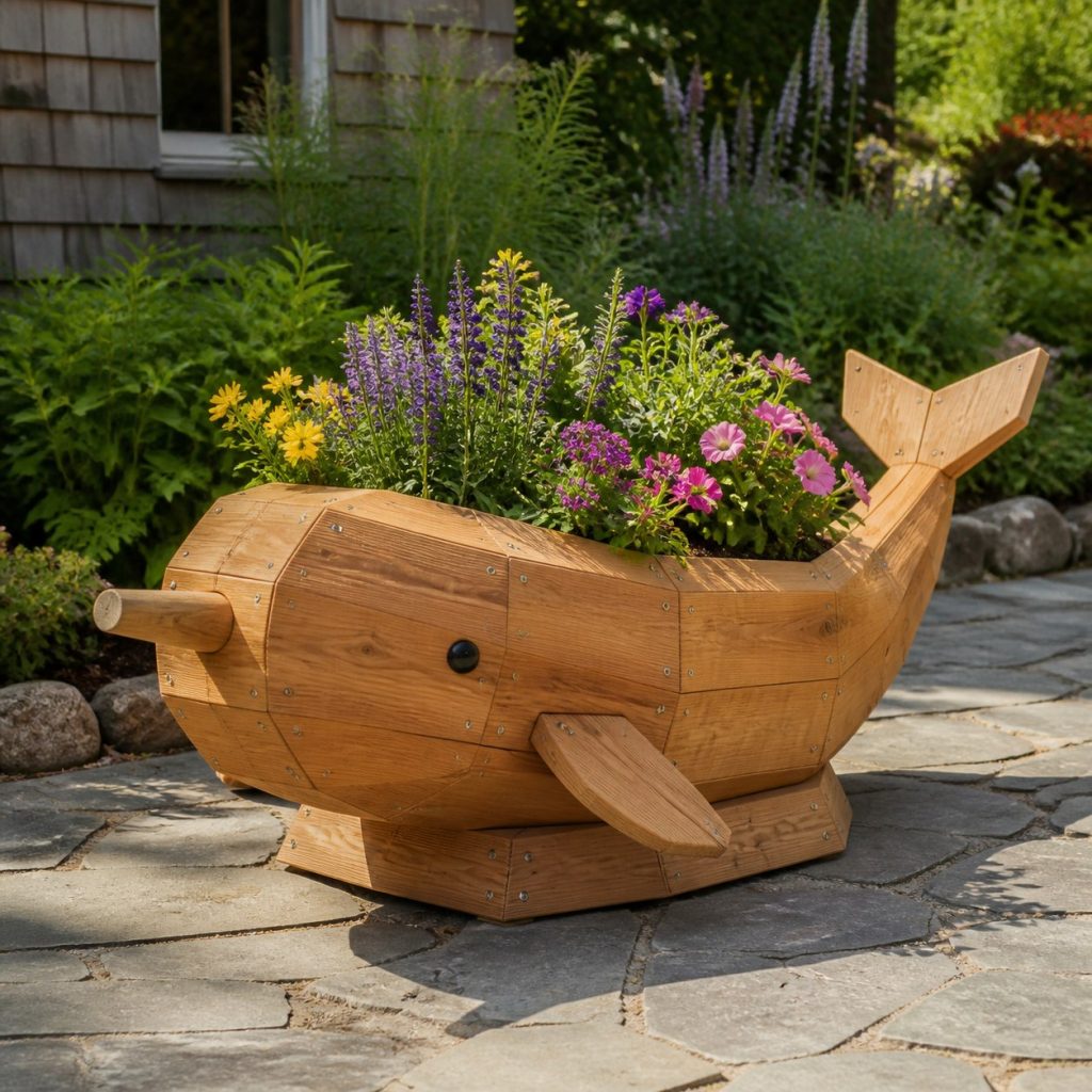 Modern Geometric Narwhal shown as a square photorealistic cedar narwhal-shaped garden planter filled with flowers