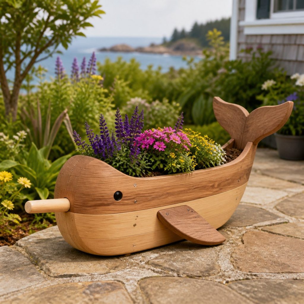 Two-Tone Cedar Narwhal shown as a square photorealistic cedar narwhal-shaped garden planter filled with flowers