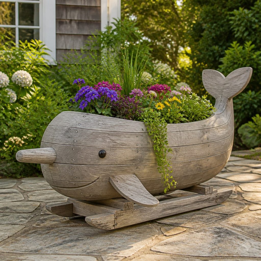 Weathered Cottage Narwhal shown as a square photorealistic cedar narwhal-shaped garden planter filled with flowers