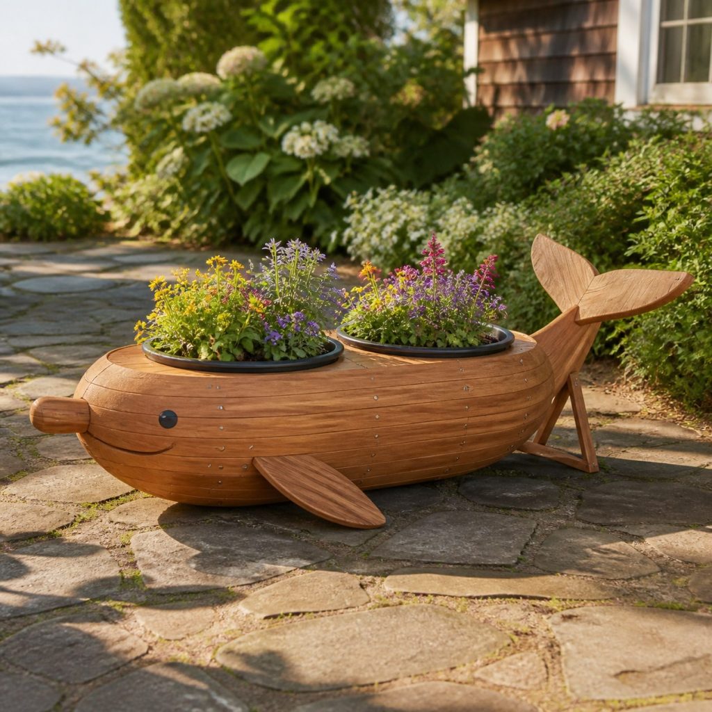 Narwhal with Twin Flower Pots shown as a square photorealistic cedar narwhal-shaped garden planter filled with flowers