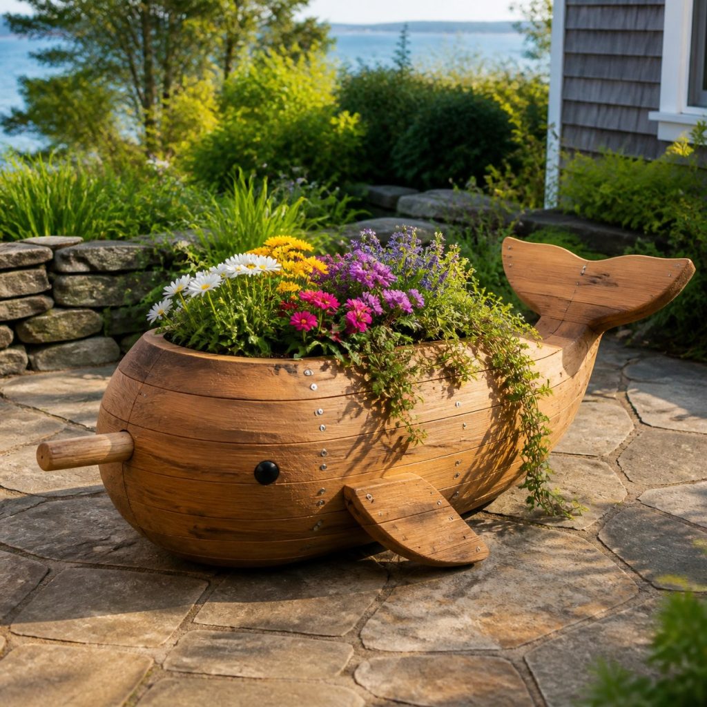 Trailing-Flower Narwhal shown as a square photorealistic cedar narwhal-shaped garden planter filled with flowers