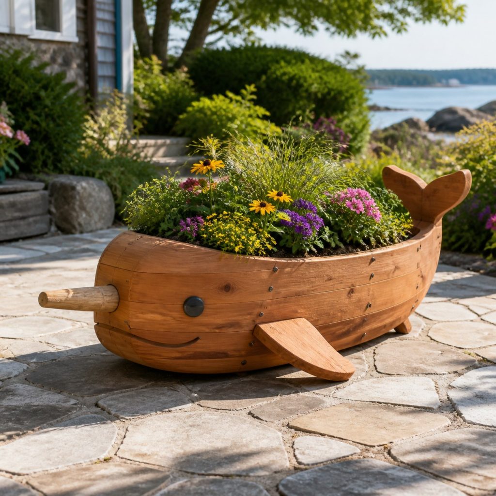 Large Grass-Filled Narwhal shown as a square photorealistic cedar narwhal-shaped garden planter filled with flowers