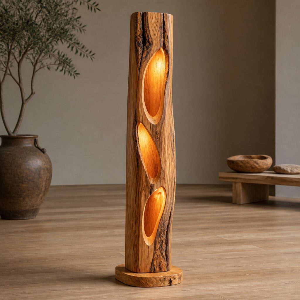 Olive-Wood Cavity Floor Lamp shown as an original square photorealistic natural log floor lamp dominated by real timber grain and warm diffused LED light