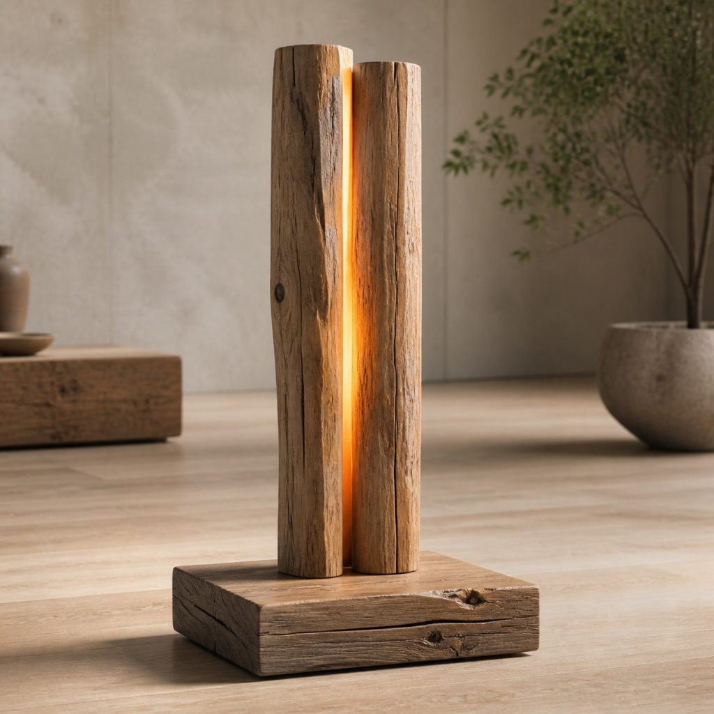 Twin Chestnut Log Floor Lamp shown as an original square photorealistic natural log floor lamp dominated by real timber grain and warm diffused LED light