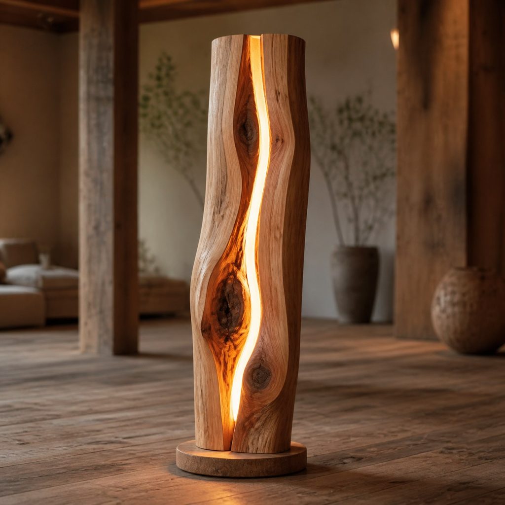 Cedar Fissure Floor Lamp shown as an original square photorealistic natural log floor lamp dominated by real timber grain and warm diffused LED light