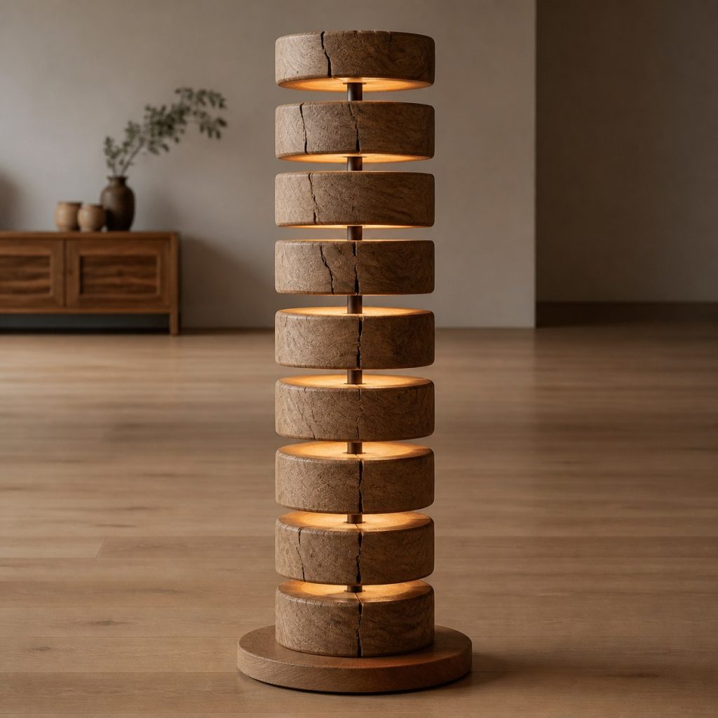 Stacked Oak Log-Disc Floor Lamp shown as an original square photorealistic natural log floor lamp dominated by real timber grain and warm diffused LED light