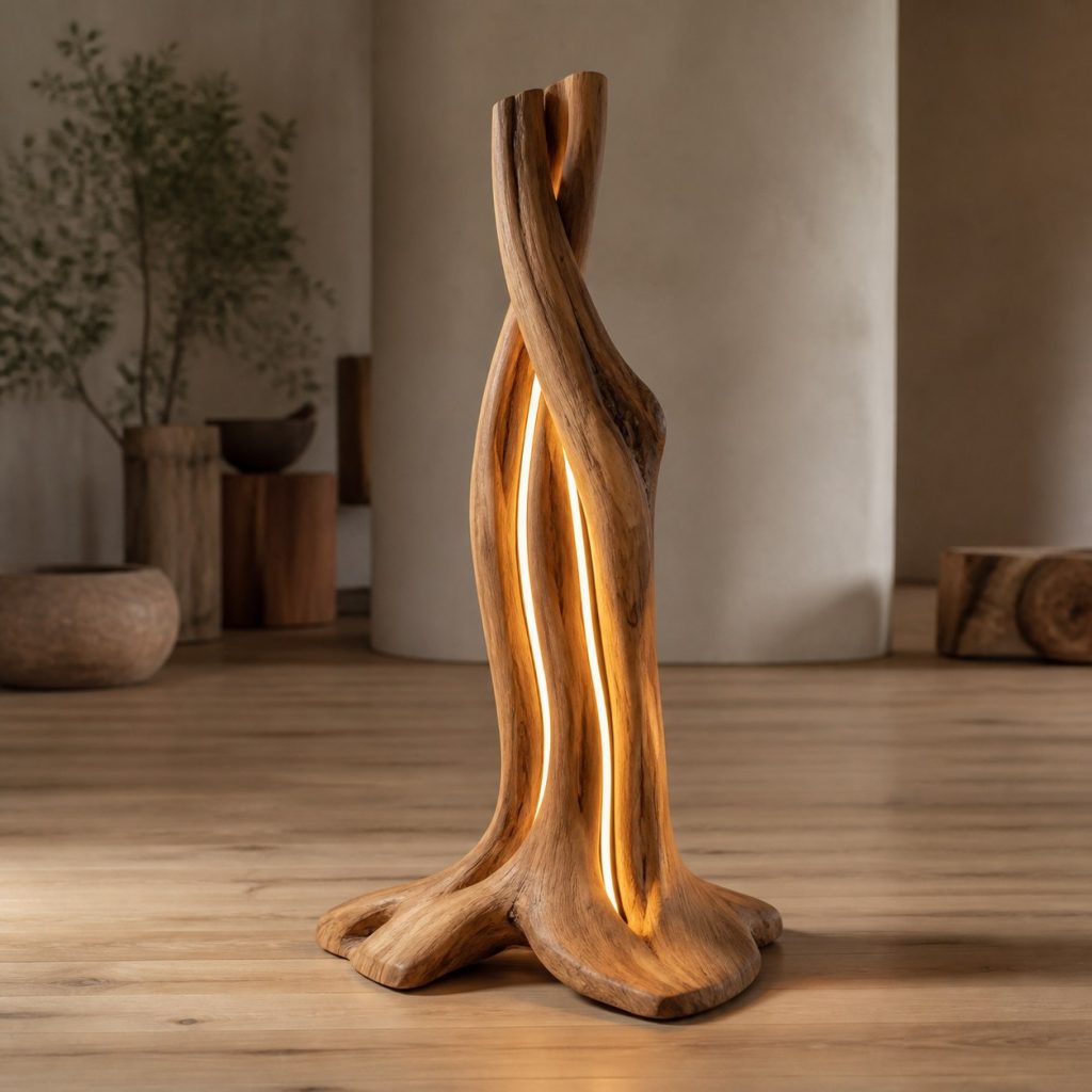 Walnut S-Curve Log Lamp shown as an original square photorealistic natural log floor lamp dominated by real timber grain and warm diffused LED light