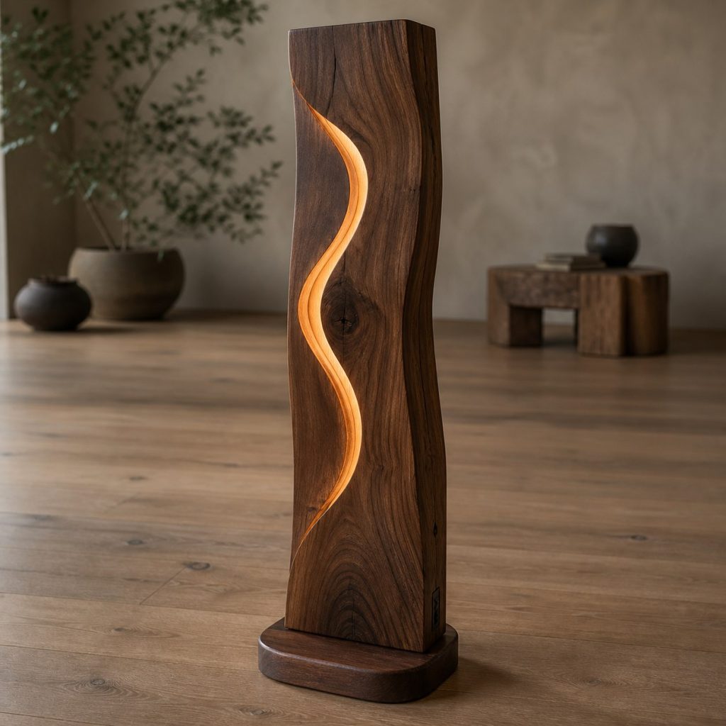 White-Oak Half-Log Floor Lamp shown as an original square photorealistic natural log floor lamp dominated by real timber grain and warm diffused LED light