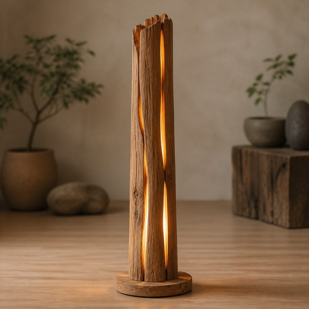 Slotted Ash Log Lantern shown as an original square photorealistic natural log floor lamp dominated by real timber grain and warm diffused LED light