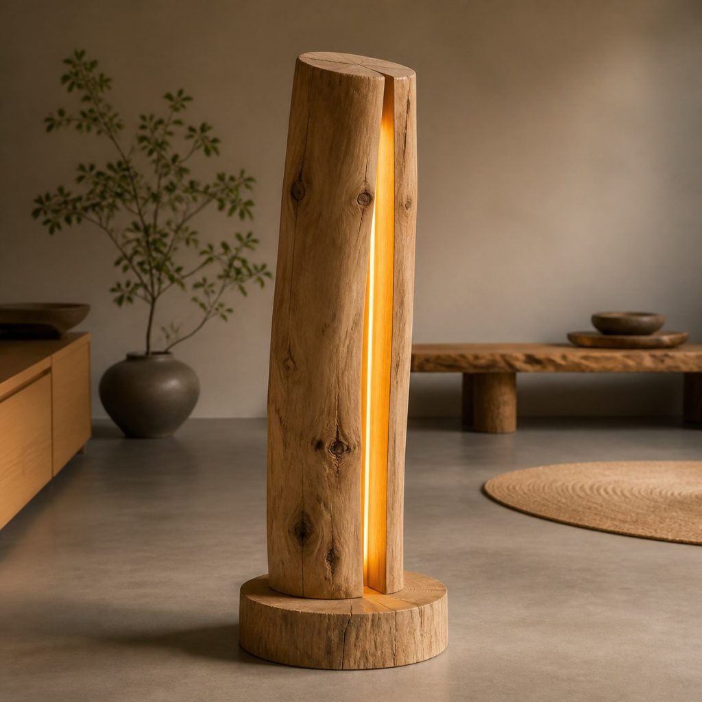 Cedar and Walnut Ringed Log Lamp shown as an original square photorealistic natural log floor lamp dominated by real timber grain and warm diffused LED light