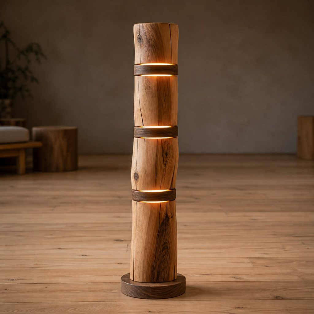 Low Root-Form Timber Lamp shown as an original square photorealistic natural log floor lamp dominated by real timber grain and warm diffused LED light