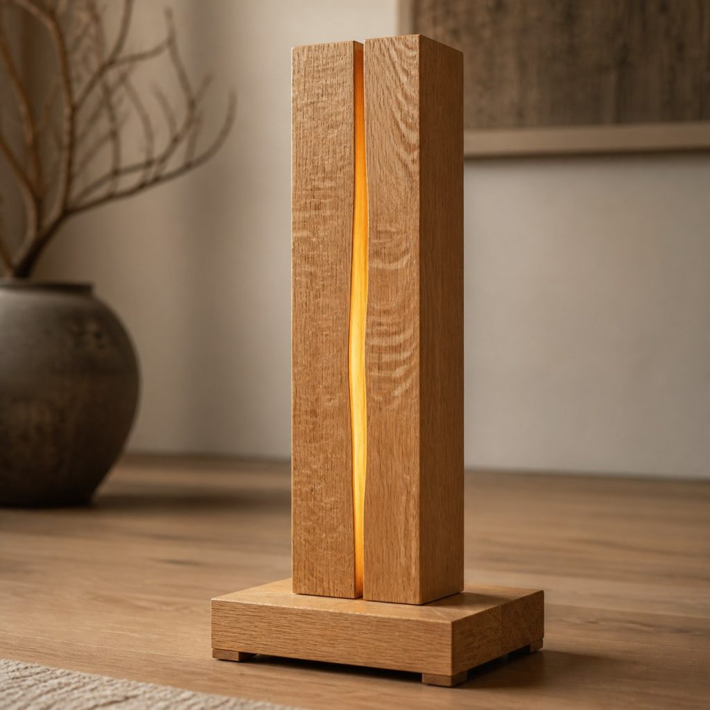 Quarter-Sawn White-Oak Column Lamp shown as an original square photorealistic solid oak lamp dominated by real timber grain and warm diffused LED light