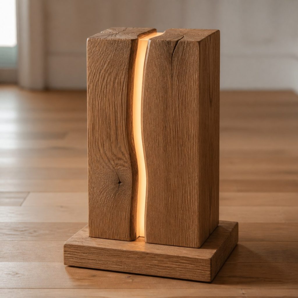 Red-Oak Split-Beam Lamp shown as an original square photorealistic solid oak lamp dominated by real timber grain and warm diffused LED light