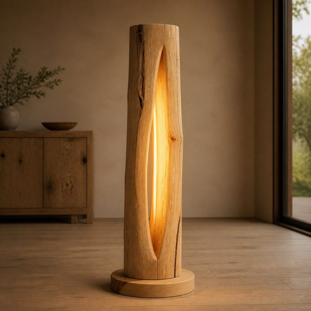 White-Oak Hollow-Log Floor Lamp shown as an original square photorealistic solid oak lamp dominated by real timber grain and warm diffused LED light