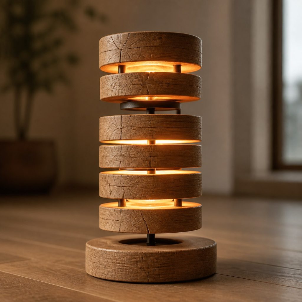Stacked Oak End-Grain Lantern shown as an original square photorealistic solid oak lamp dominated by real timber grain and warm diffused LED light
