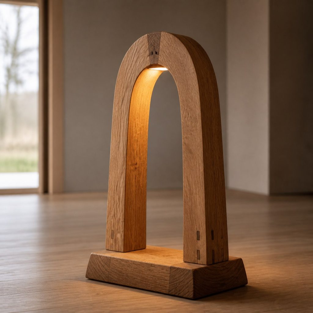 Oak Slab Arch Lamp shown as an original square photorealistic solid oak lamp dominated by real timber grain and warm diffused LED light