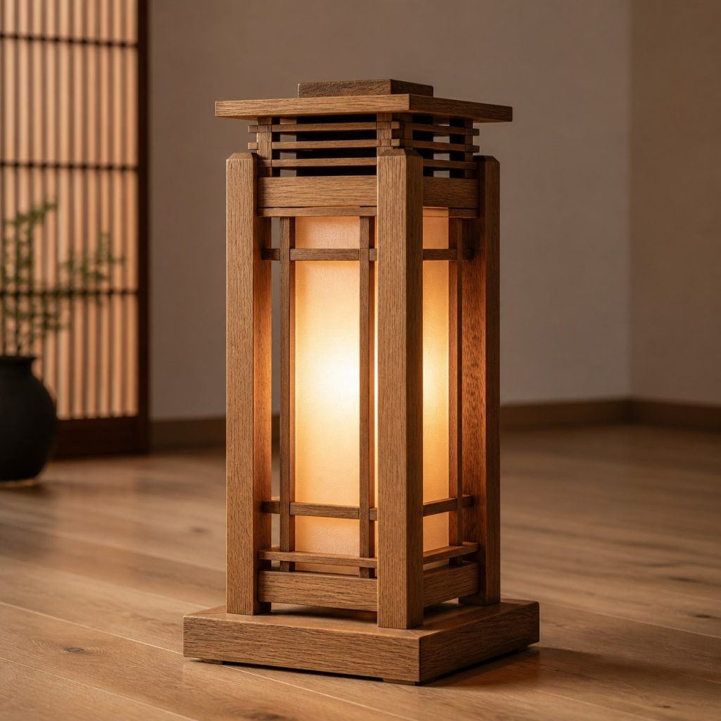 Mission Oak Timber Lantern shown as an original square photorealistic solid oak lamp dominated by real timber grain and warm diffused LED light