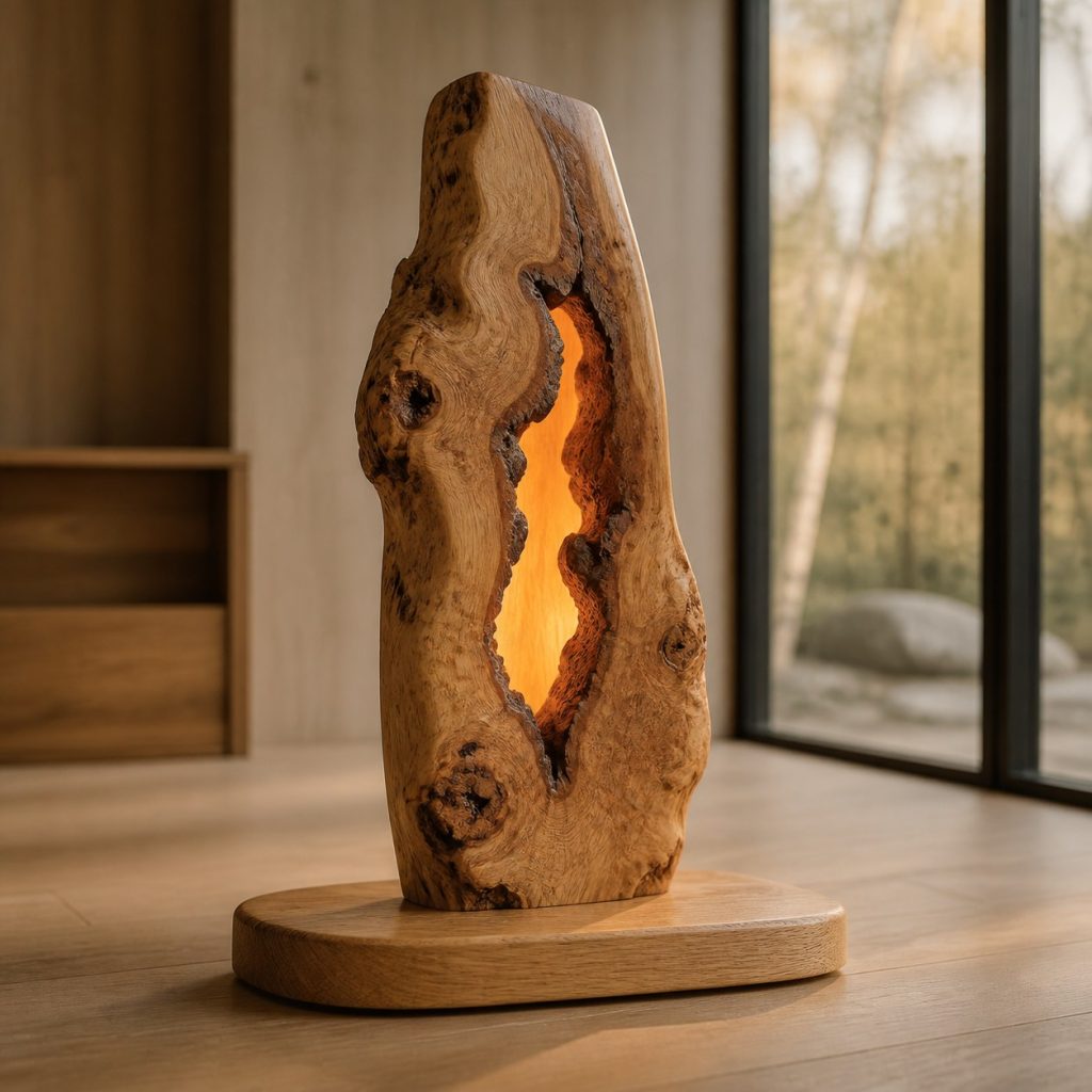 Oak Burl Cavity Lamp shown as an original square photorealistic solid oak lamp dominated by real timber grain and warm diffused LED light
