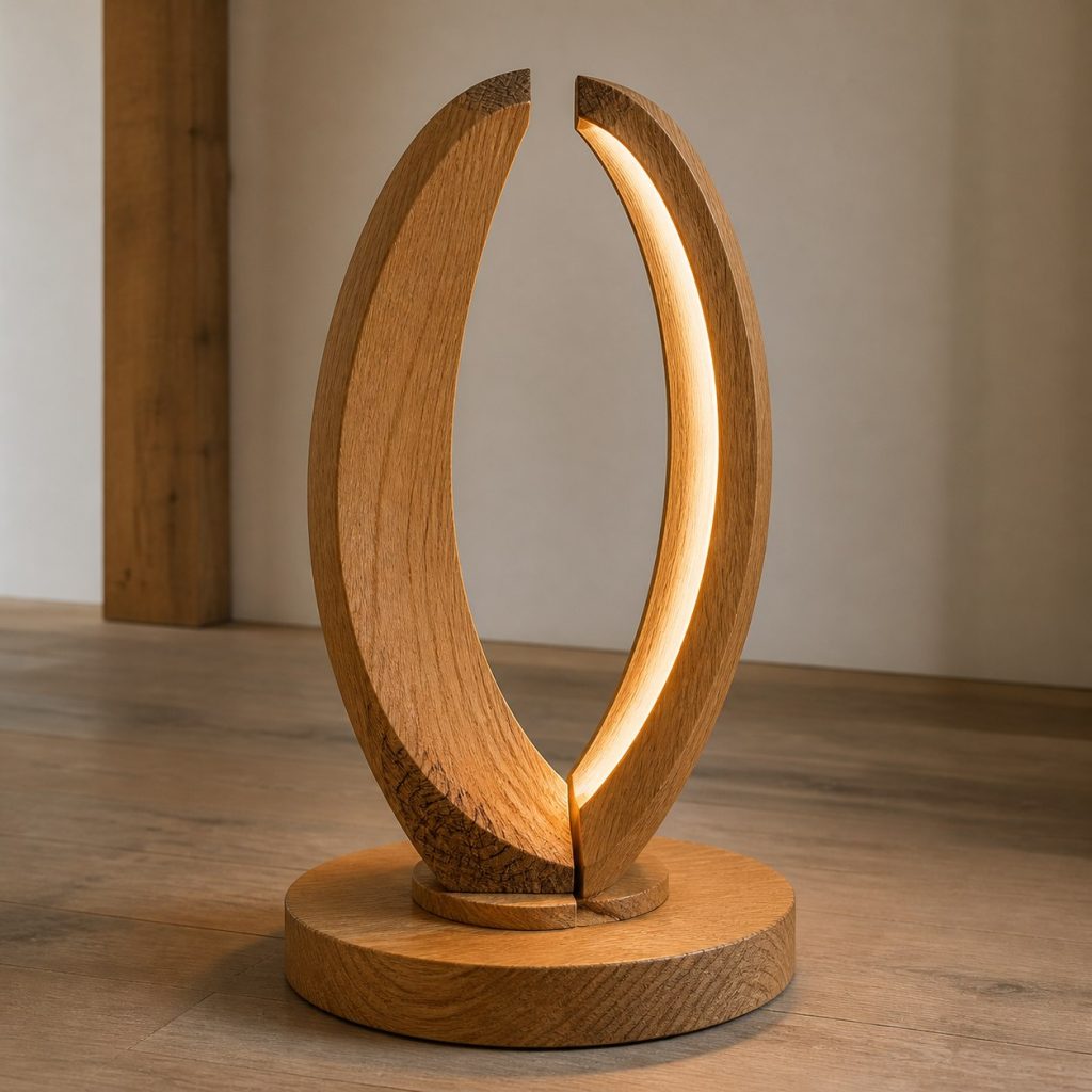 Laminated Oak Crescent Lamp shown as an original square photorealistic solid oak lamp dominated by real timber grain and warm diffused LED light
