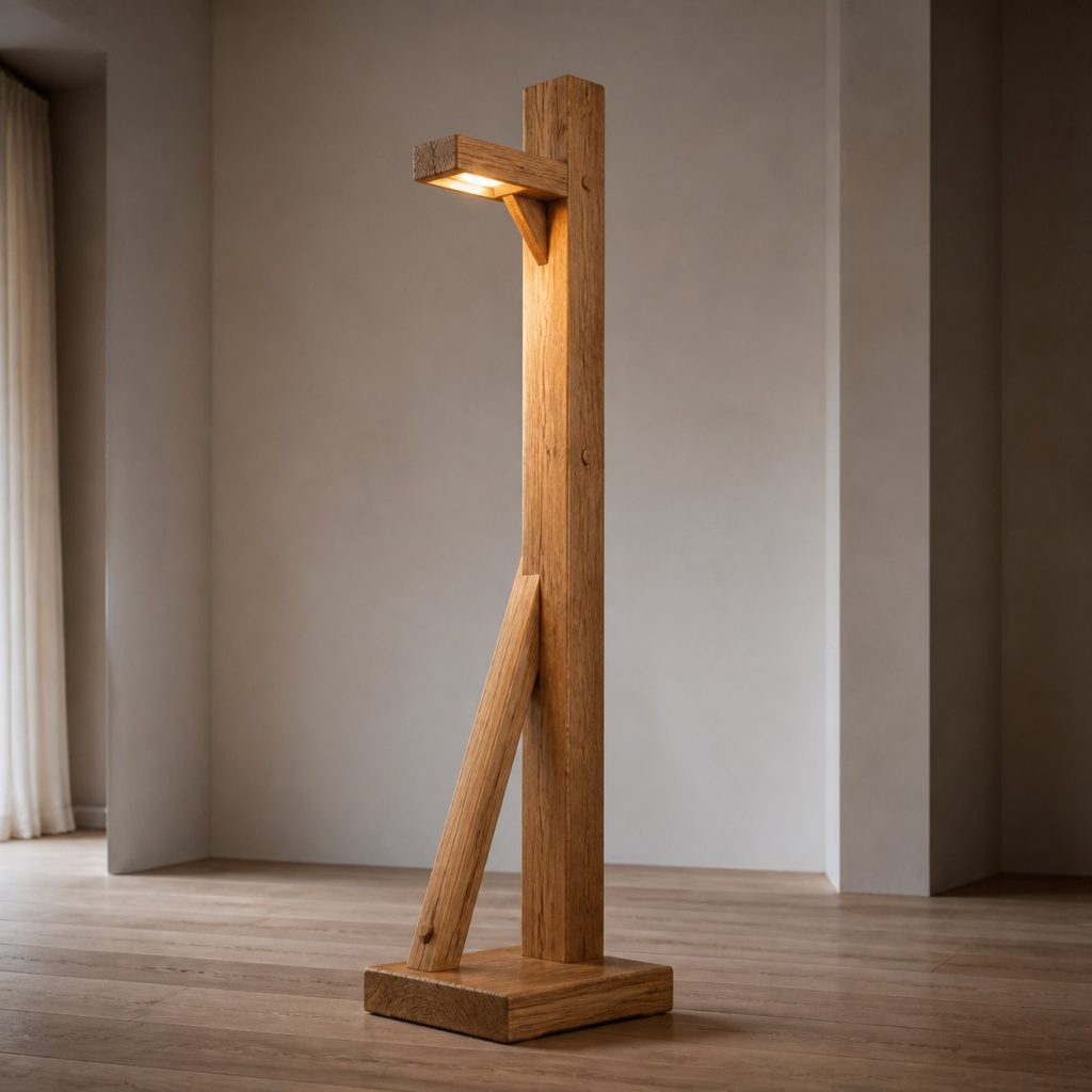 Braced Oak Beam Floor Lamp shown as an original square photorealistic solid oak lamp dominated by real timber grain and warm diffused LED light