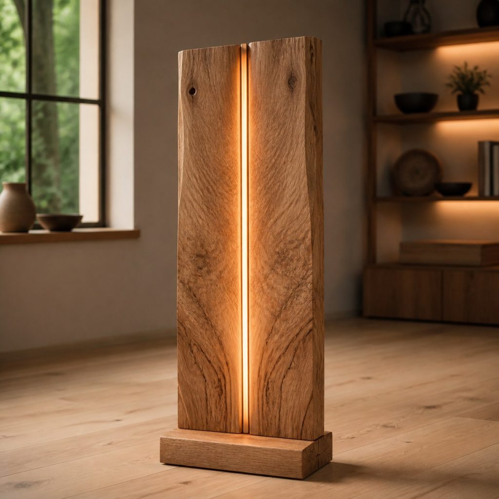 Bookmatched Oak Light-Seam Lamp shown as an original square photorealistic solid oak lamp dominated by real timber grain and warm diffused LED light