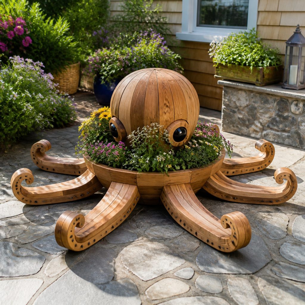 Classic Eight-Arm Cedar Octopus shown as a square photorealistic cedar garden planter filled with cottage flowers