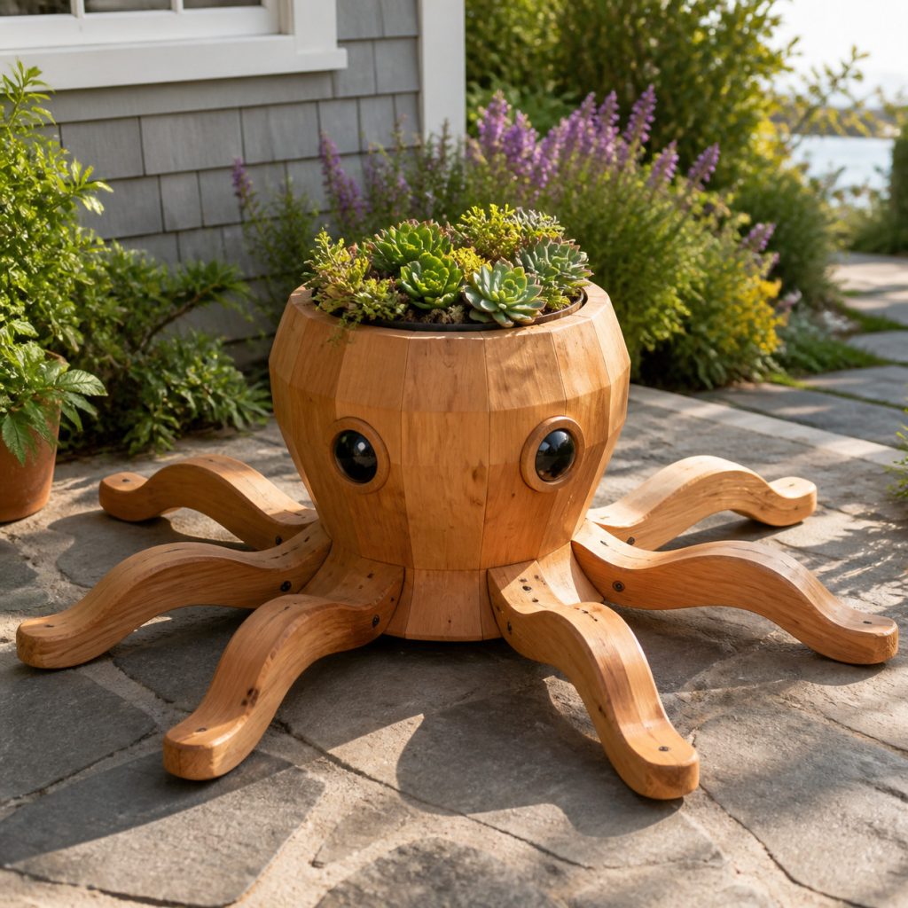 Compact Succulent Octopus shown as a square photorealistic cedar garden planter filled with cottage flowers