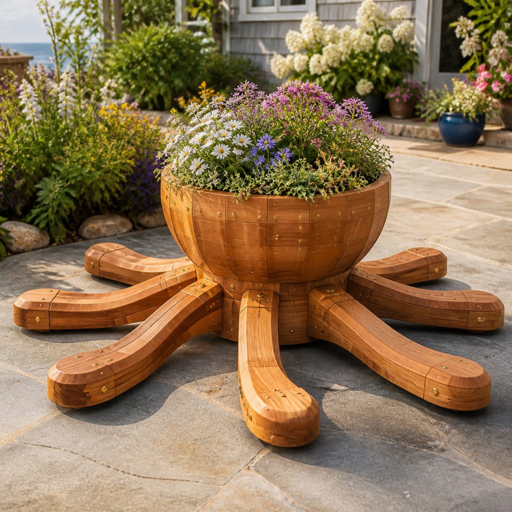 Central-Bowl Garden Octopus shown as a square photorealistic cedar garden planter filled with cottage flowers