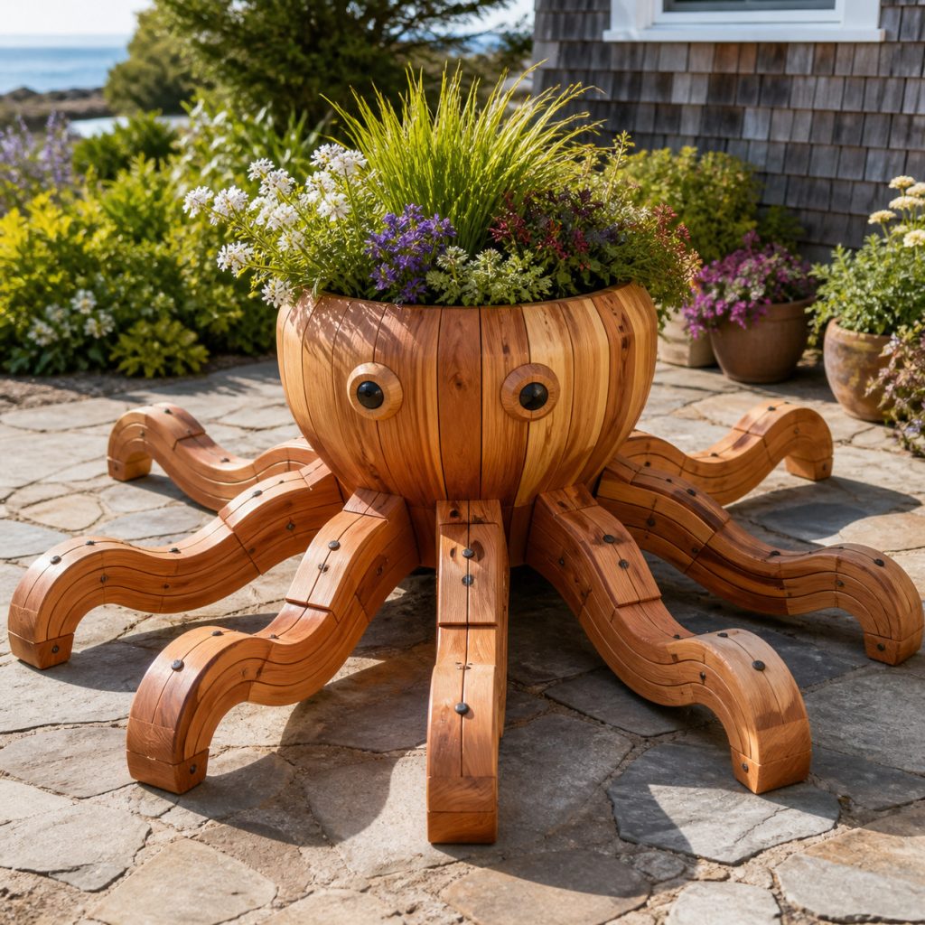 Layered-Arm Coastal Octopus shown as a square photorealistic cedar garden planter filled with cottage flowers