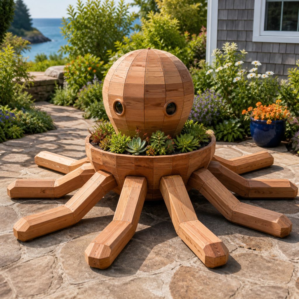 Modern Geometric Octopus shown as a square photorealistic cedar garden planter filled with cottage flowers