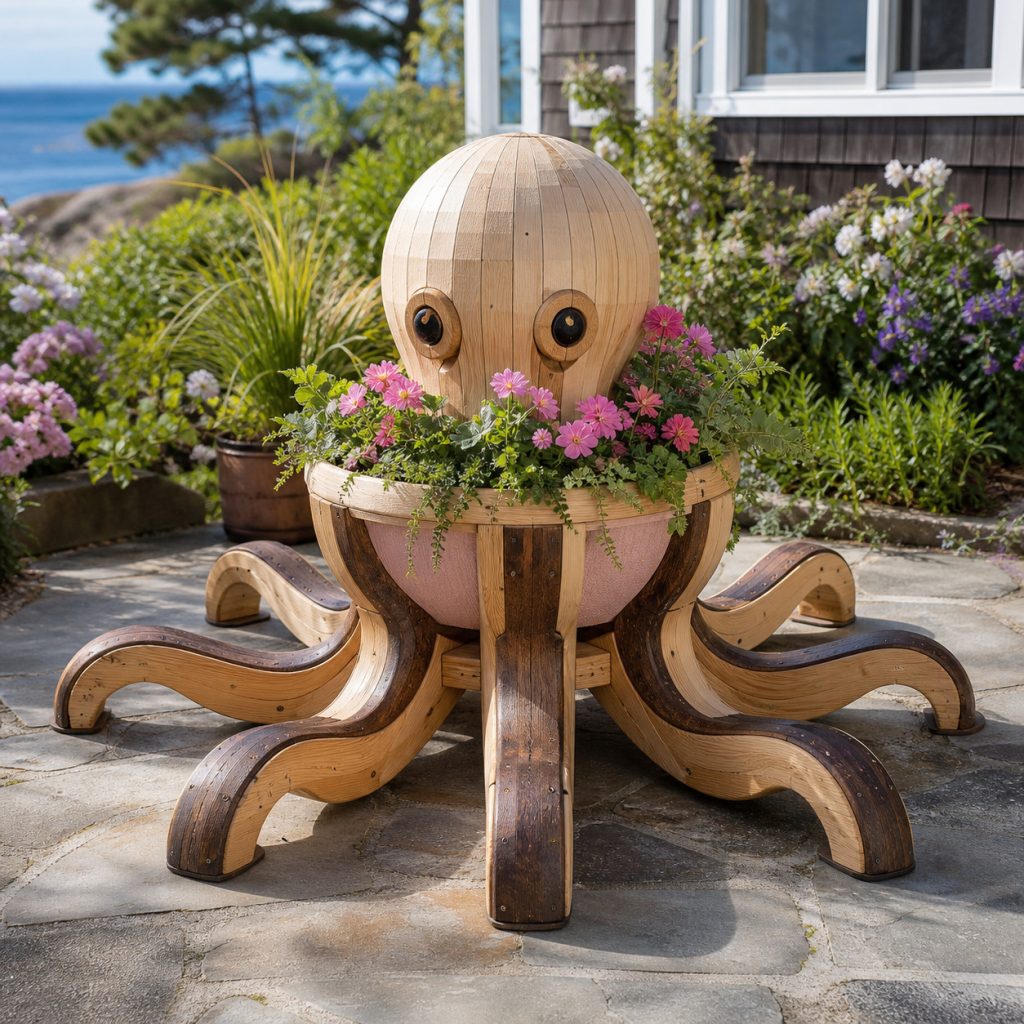 Two-Tone Cedar Octopus shown as a square photorealistic cedar garden planter filled with cottage flowers