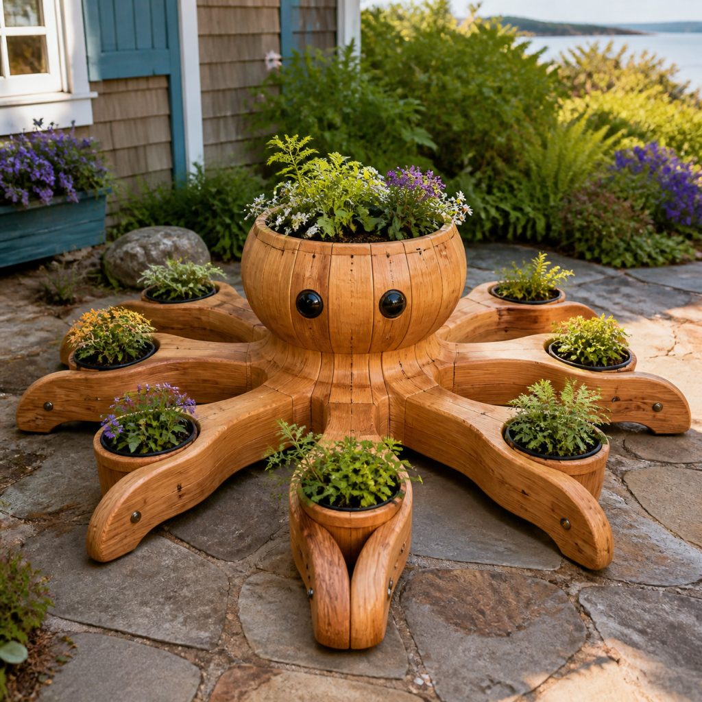 Low Flower-Ring Octopus shown as a square photorealistic cedar garden planter filled with cottage flowers