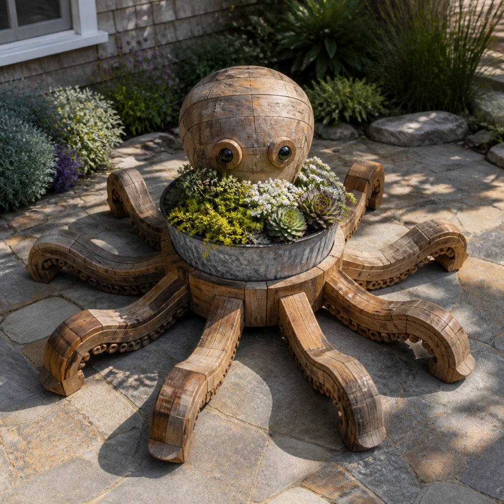 Weathered Seaside Octopus shown as a square photorealistic cedar garden planter filled with cottage flowers