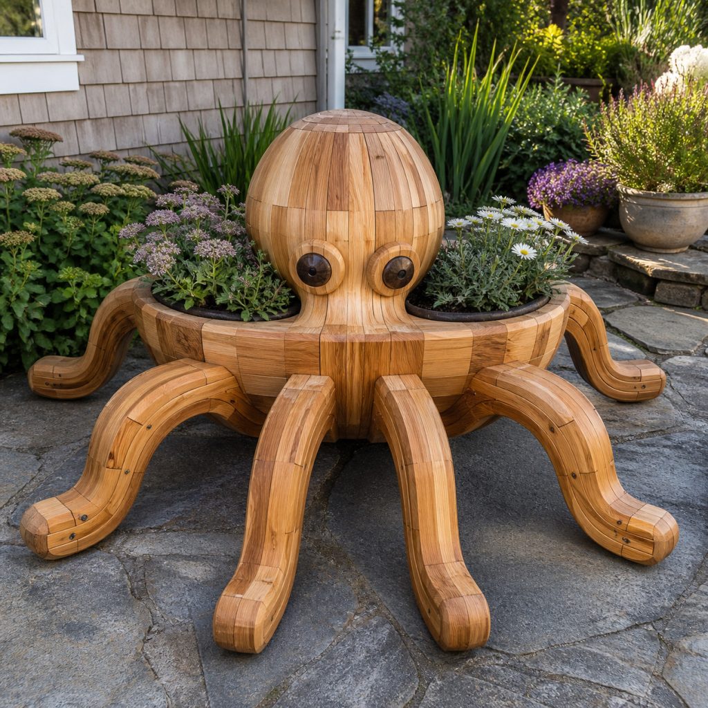 Octopus with Twin Flower Pots shown as a square photorealistic cedar garden planter filled with cottage flowers