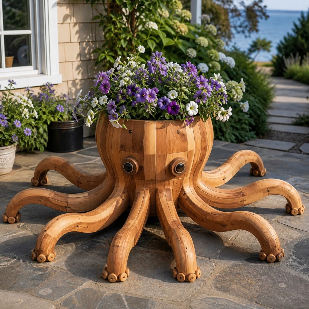 Broad-Base Cottage Octopus shown as a square photorealistic cedar garden planter filled with cottage flowers
